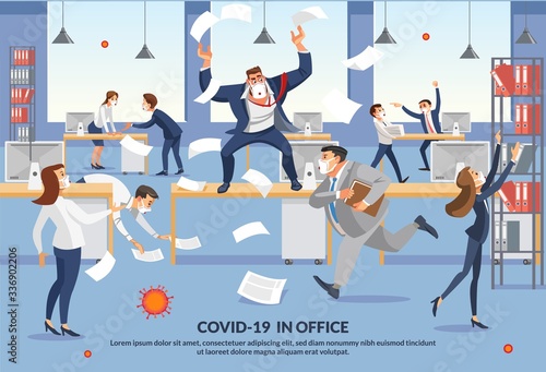 Banner Employees Panic over Covid-19 in Office. Angry Boss Shout in Chaos Office Because Failure Deadline. Stressed Vector Cartoon Characters. Office Workers Hurry up with Job. Cartoon Characters