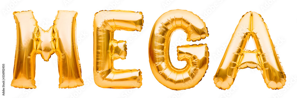 Word MEGA made of golden inflatable balloons. Business concept. Special shopping deals and heavy discounts. Sale and advertisement