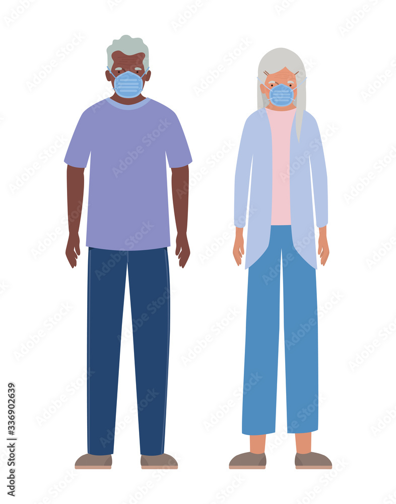 Elder woman and man with masks against Covid 19 vector design Elder woman and man with masks against Covid 19 vector design