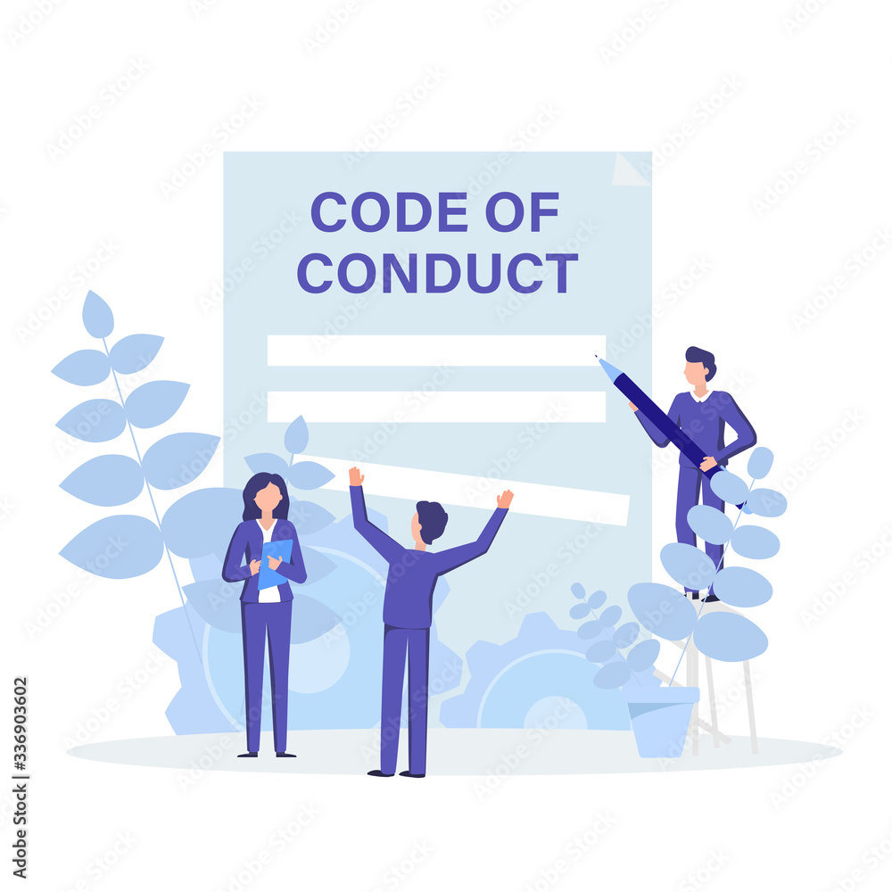Code of conduct concept flat illustration. People working, discussing and create rules, principles, values, and employee expectations to their operation.