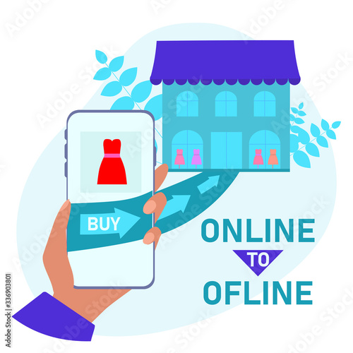 Online to offline  concepts flat vector illustration. O2O Digital marketing system. Consumer makes purchases from physical businesses.