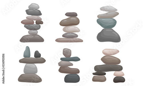 Fotografie, Tablou Smooth Stones and Pebbles Balancing on Each Other Creating Tower Vector Set