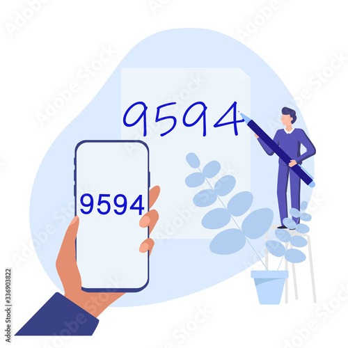 Optical character recognition with smartphone. Electronic conversion handwritten text into machine-encoded text. Vector concept illustration. photo