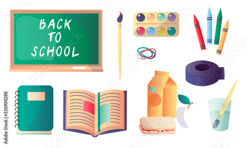 Set of different school and educational supplies. Vector illustration in flat cartoon style.