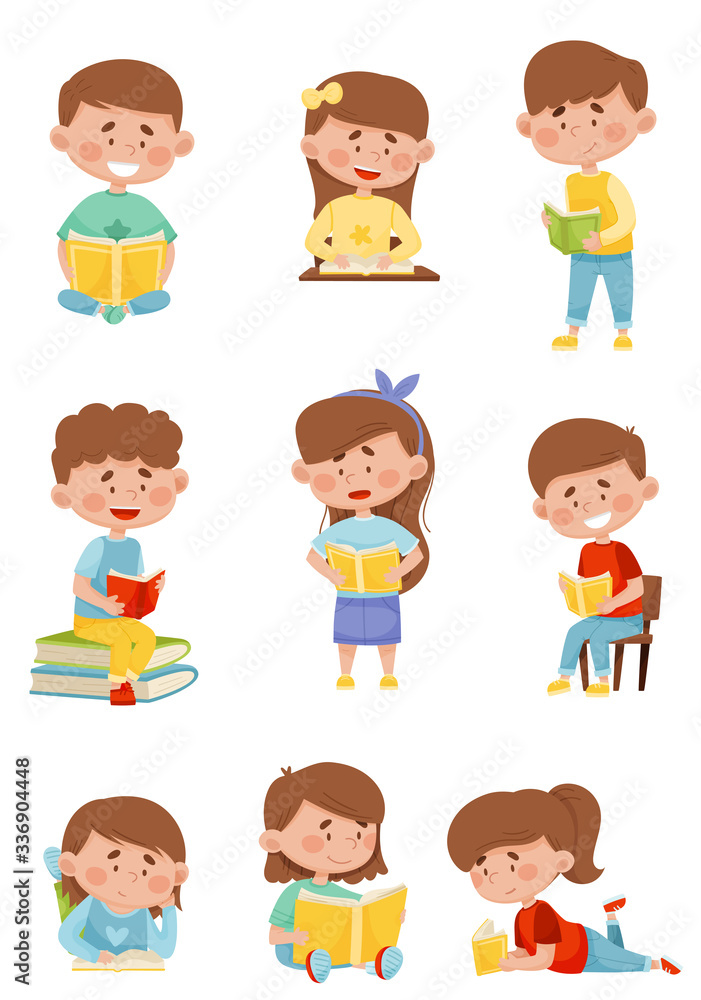 Kids in Sitting and Lying Pose Reading Book Vector Illustrations Set