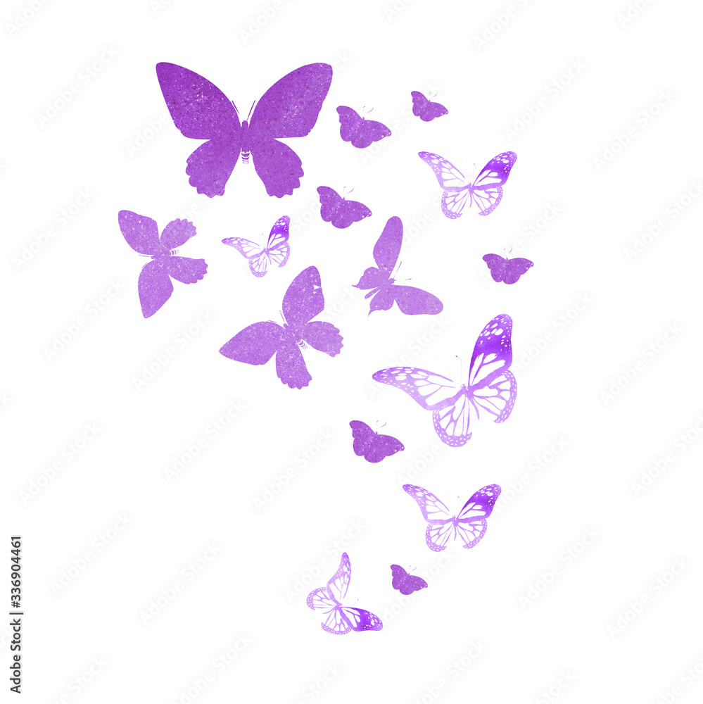 Flock of silhouette butterflies on white