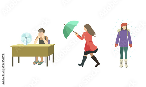 Set of people struggling from strong wind raining, abnormal heat, snowfall. Vector illustration in flat cartoon style.