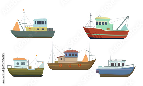 Set of commercial sea fishing trawlers vessels. Vector illustration in flat cartoon style.
