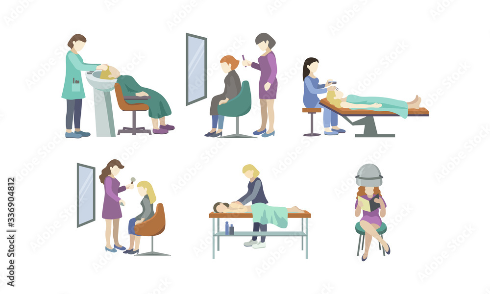 Set of the beauty salon different services. Vector illustration in flat cartoon style.