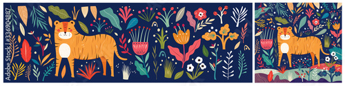 Big Vector colorful summer collection with flowers, leaves and tiger. Trendy vector cartoon illustration