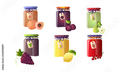 Set of different jams in jars with peach, plum, pear, lemon, currant, grape. Vector illustration in flat cartoon style.
