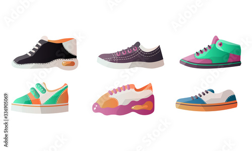 Set of different types of modern sport sneakers for everyday wear. Vector illustration in flat cartoon style.