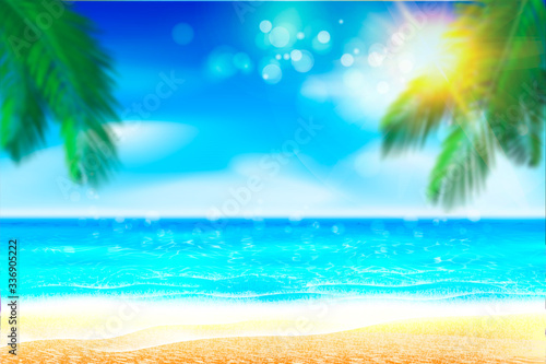 Summer Background. Nature green palm leaf on Tropical beach with yellow sand, blue ocean and sky. Bokeh sun light wawe. Vacation or paradise business travel concept. Waves and sunlight.