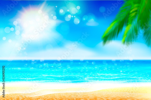 Summer Background. Nature green palm leaf on Tropical beach with yellow sand, blue ocean and sky. Bokeh sun light wawe. Vacation or paradise business travel concept. Waves and sunlight. © zuckerman