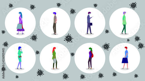 People keep distance in public society to protect from COVID-19 coronavirus outbreak spreading, People wearing mask keep distance away in circle with virus. Social distancing concept.