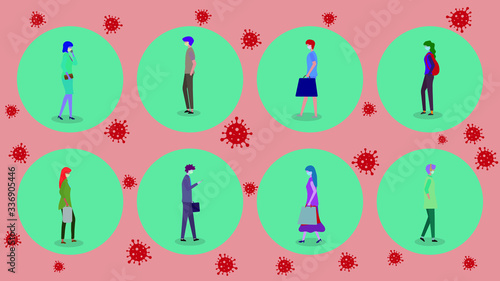 People keep distance in public society to protect from COVID-19 coronavirus outbreak spreading, People wearing mask keep distance away in circle with virus. Social distancing concept.
