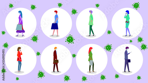 People keep distance in public society to protect from COVID-19 coronavirus outbreak spreading, People wearing mask keep distance away in circle with virus. Social distancing concept.
