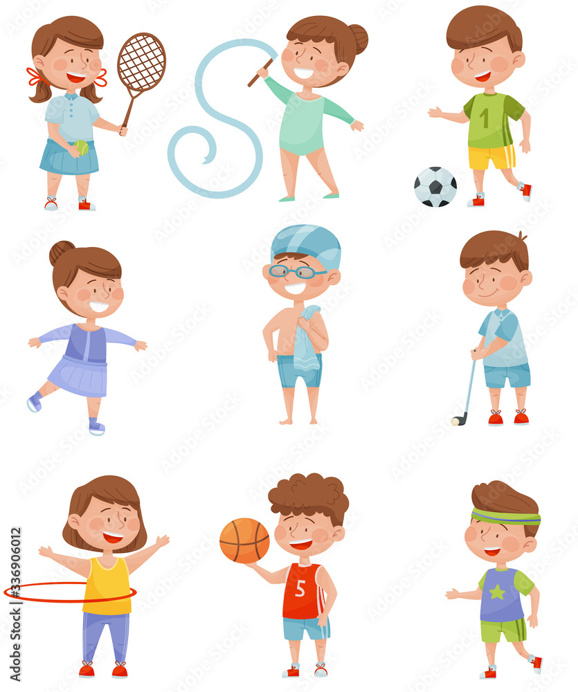 Energetic Children Doing Different Kind of Sport Vector Illustrations Set Energetic Children Doing Different Kind of Sport Vector Illustrations Set