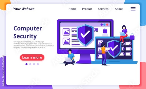 Cyber security concept, people work on laptop protecting data and confidentiality. Modern flat web page design for website and mobile website development. Vector illustration