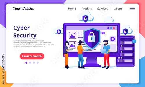 Cyber security concept, people work on screen protecting data and confidentiality. Modern flat web page design for website and mobile website development. Vector illustration