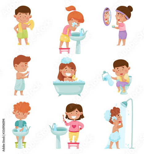 Kid Characters Taking Bath and Brushing Teeth Vector Illustrations Set