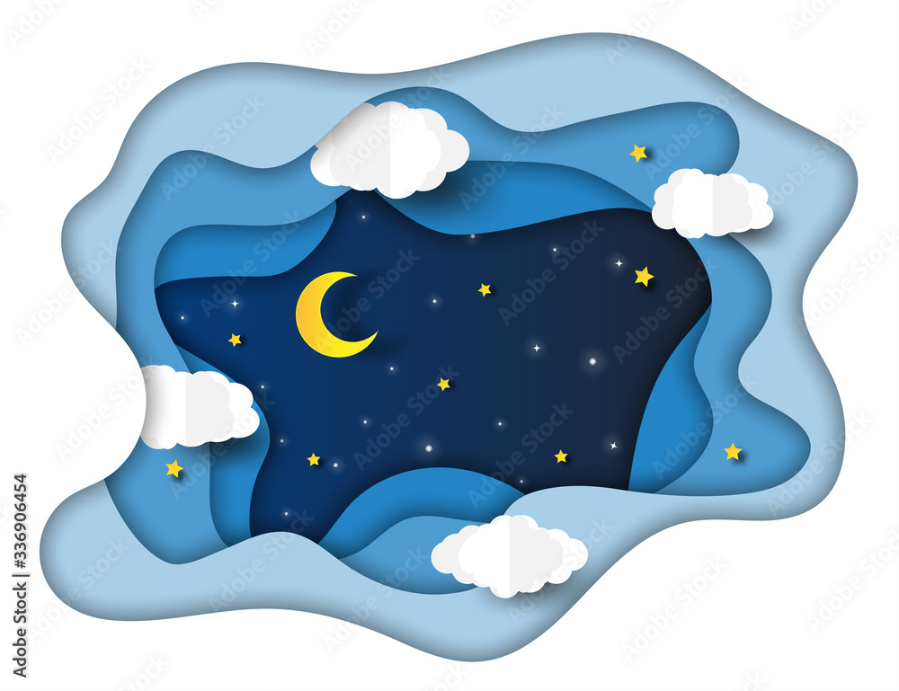 night sky with stars and moon. paper art style.Vector of a crescent ...
