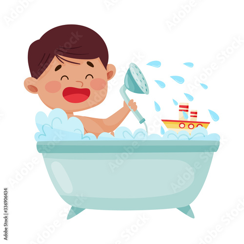 Cheerful Boy Taking a Bath Sitting in Bathtub Vector Illustration