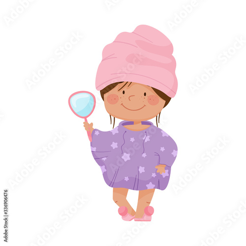 Smiling Girl with Her Hair Wrapped in Towel after Taking Bath Holding Mirror Vector Illustration