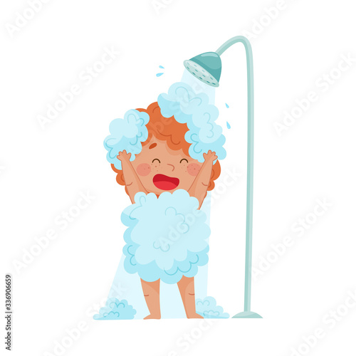 Cheerful Boy Taking a Shower Standing Under Shower Head Vector Illustration