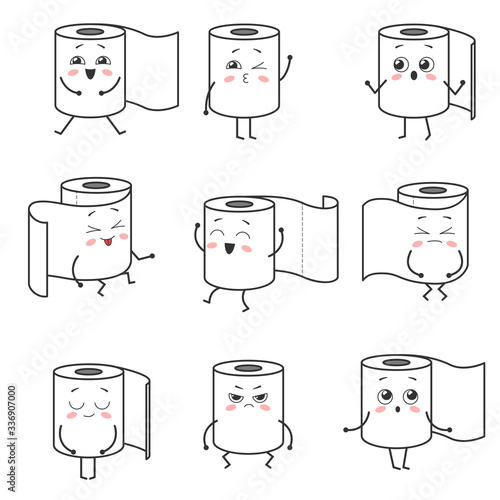 Set of cute kawaii cartoon  toilet paper rolls with faces. Emoji collection. Vector illustration