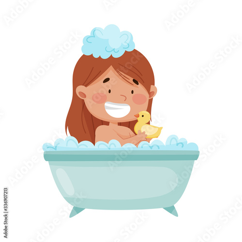 Cheerful Girl Taking a Bath Sitting in Bathtub and Playing with Yellow Duck Vector Illustration