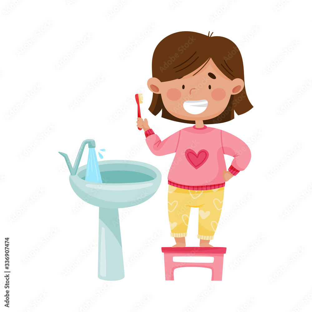 Little Girl Brushing Her Teeth Standing on Stool in Front of the Sink Vector Illustration Little Girl Brushing Her Teeth Standing on Stool in Front of the Sink Vector Illustration