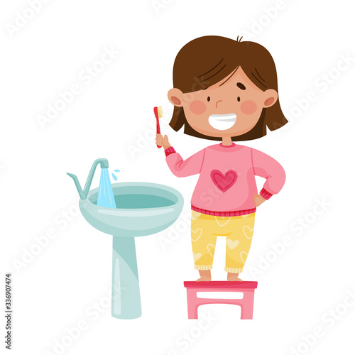 Little Girl Brushing Her Teeth Standing on Stool in Front of the Sink Vector Illustration