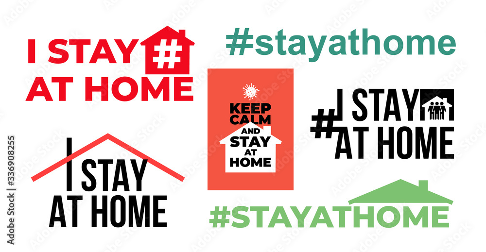 Set of I stay at home awareness social media campaign and coronavirus prevention. Family staying together. Vector illustration. Isolated on white background.