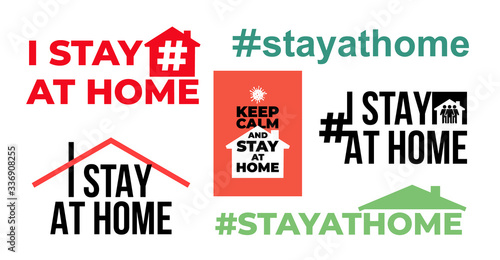Set of I stay at home awareness social media campaign and coronavirus prevention. Family staying together. Vector illustration. Isolated on white background.