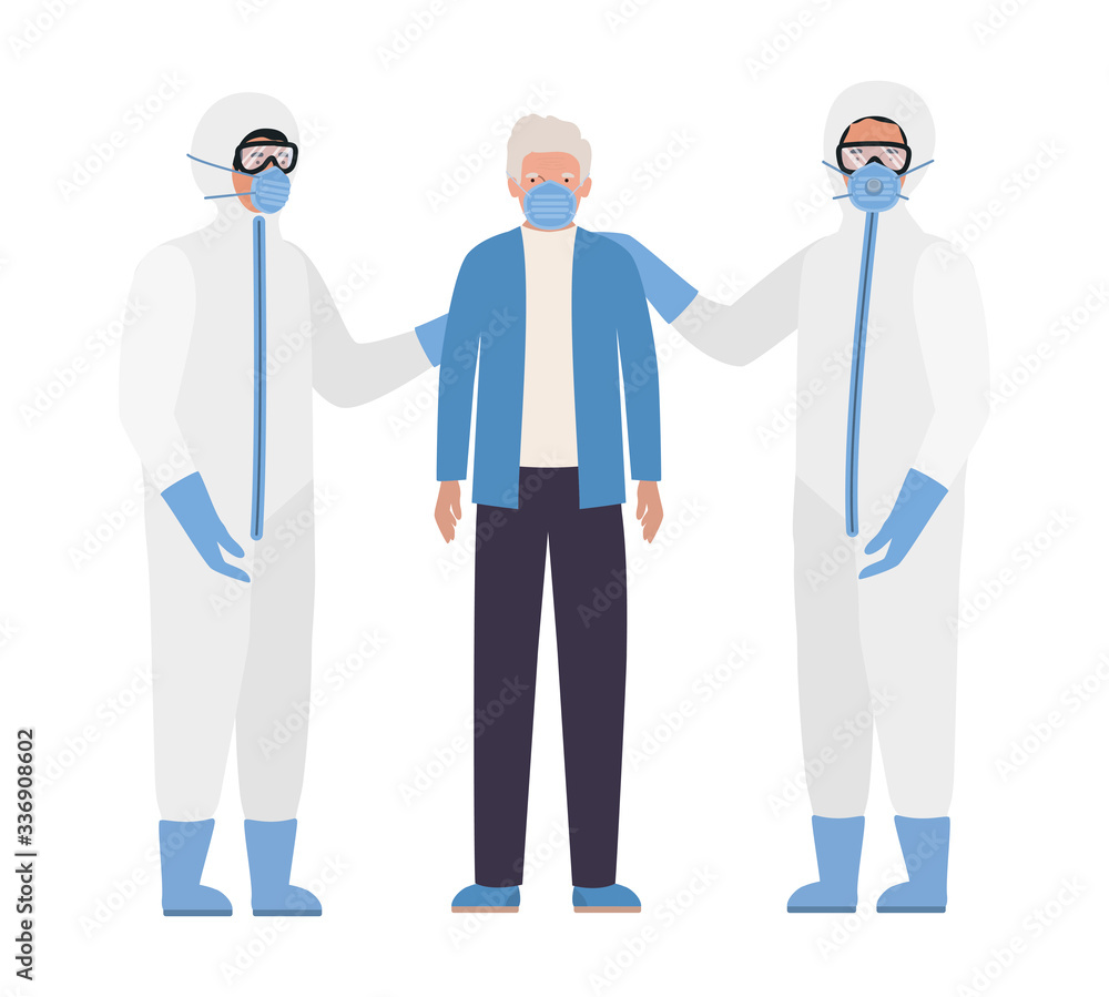 Elder man with mask and doctors with protective suits against Covid 19 vector design Elder man with mask and doctors with protective suits against Covid 19 vector design