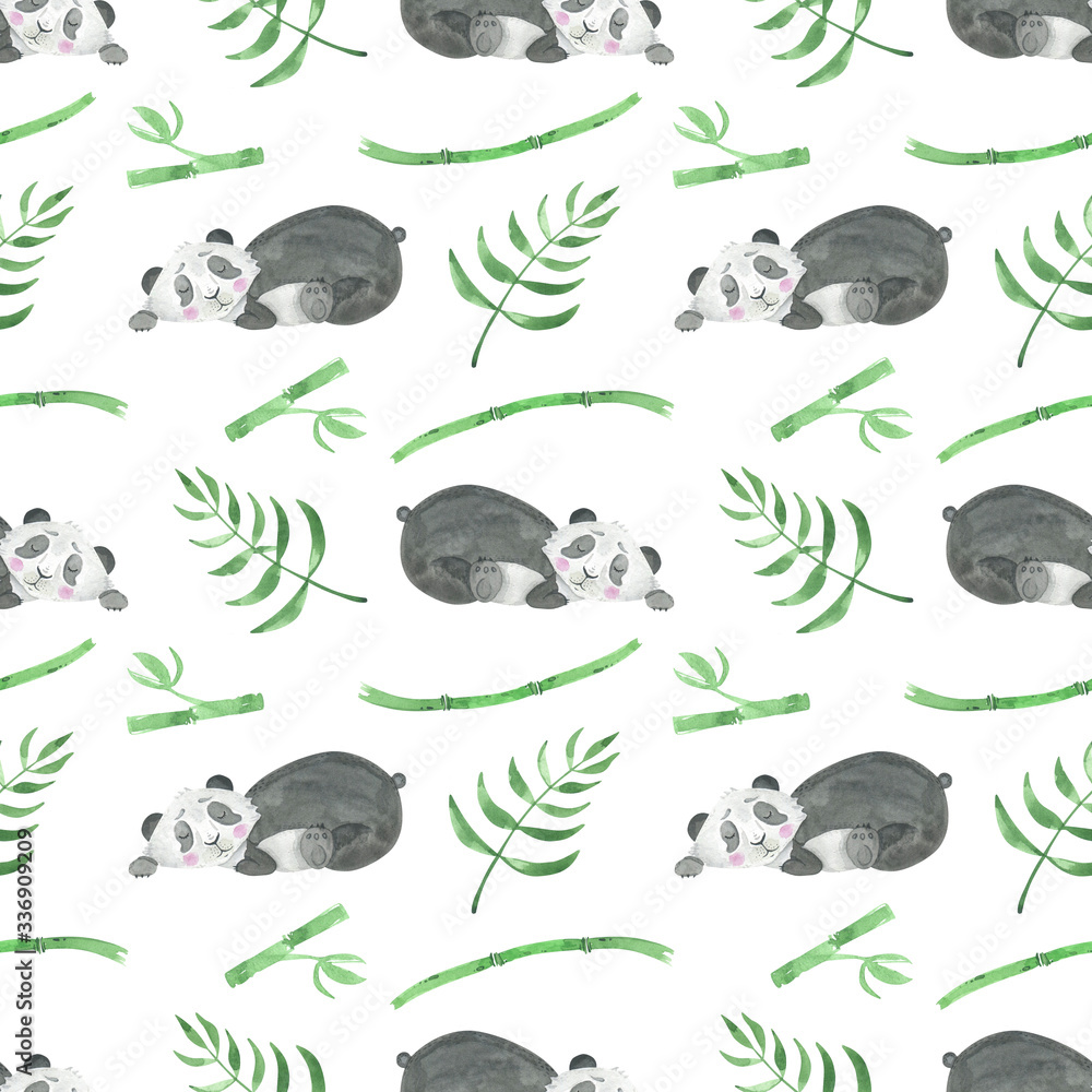 Fototapeta premium Seamless pattern watercolor panda baby and bamboo background