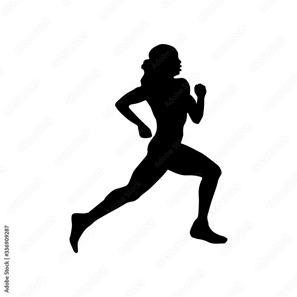 Running girl black silhouette isolated on white background
