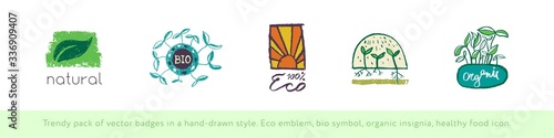 Vector healthy food sketch icons. Eco-friendly emblems for agriculture logo and organic food label design. Eco badge with silhouette leaf. Growth symbol with Botanical Ingredients for bio cosmetics.
