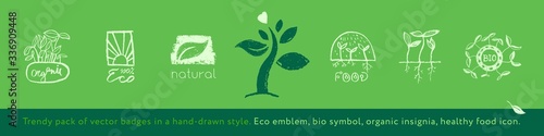 Vector healthy food sketch icons. Eco-friendly emblems for agriculture logo and organic food label design. Eco badge with silhouette leaf. Growth symbol with Botanical Ingredients for bio cosmetics.