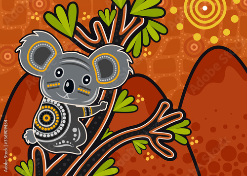 Aboriginal art vector painting with Koala bear on wood branch with green leaves.