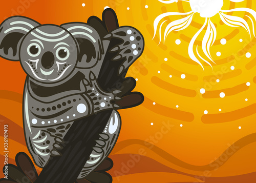 Aboriginal art vector painting with koala bear on wood branch