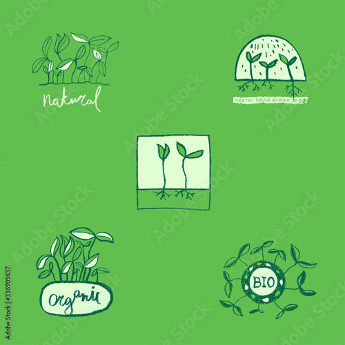 Organic food logo. Healthy eating product icons. Vintage vegan badges with hand-drawn leaves. Trendy vector emblems for bio-agriculture, vegetarian logo, natural cosmetics, eco-friendly label design. 