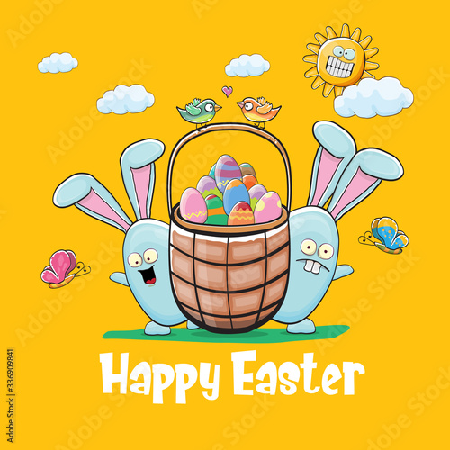 Happy easter greeting card with cute cartoon blue rabbit holding easter basket with stack of colorful eggs. Easter egg hunt hand drawn concept illustration banner.