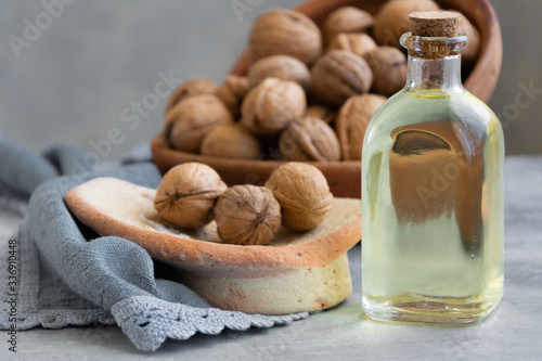 Biological walnut oil, healthy eating ingredient, vegan and vegetarian food.