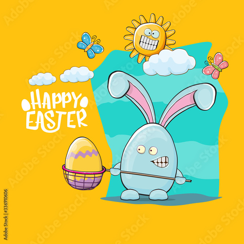 Happy easter greeting card with funny cartoon blue rabbit holding butterfly net. Easter egg hunt hand drawn concept illustration banner.