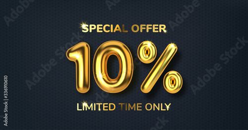 10 off discount promotion sale made of realistic 3d gold balloons. Number in the form of golden balloons. Template for products, advertizing, web banners, leaflets, certificates and postcards. Vector