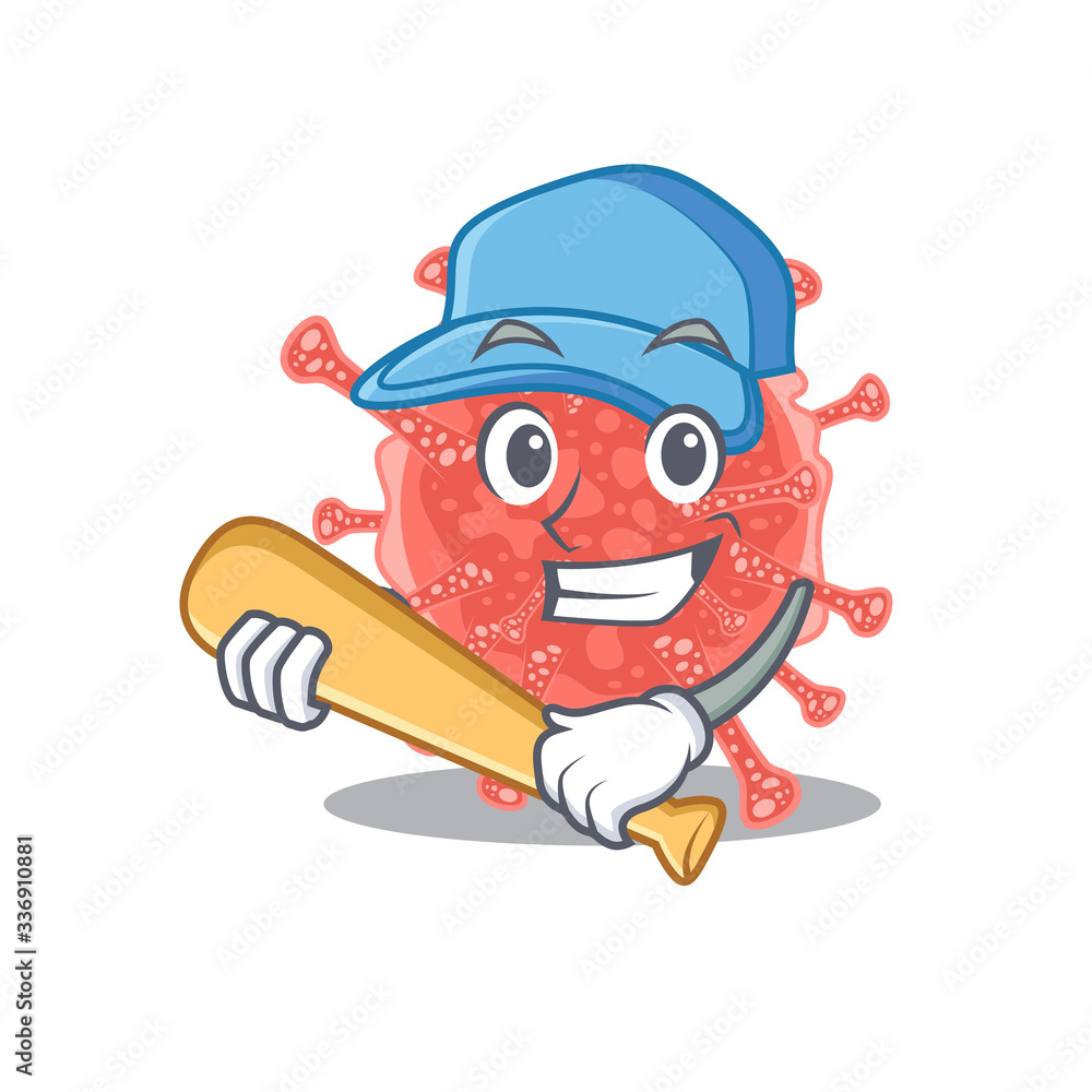 Picture of oncovirus cartoon character playing baseball