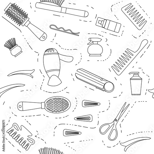 Outline seamless pattern of professional hairdresser and barber equipment tools hairdressing tools scissors hairpin vector illustration on white background