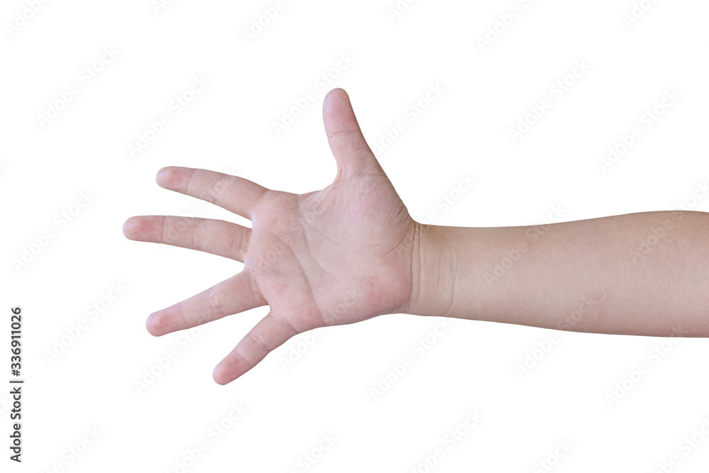 child hand shows the number five isolated on white background with clipping path. child hand shows the number five isolated on white background with clipping path.